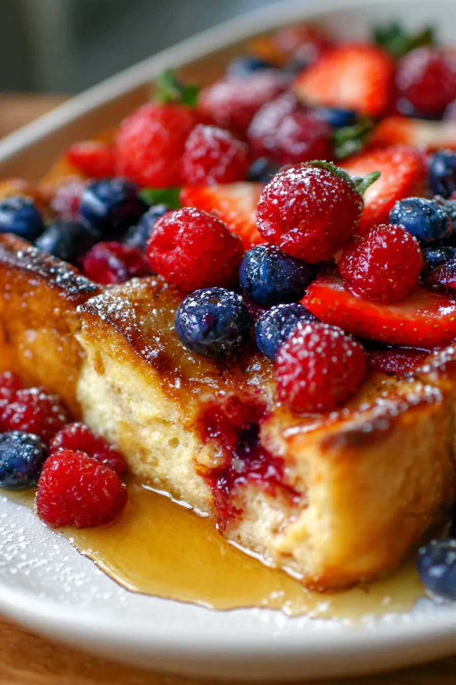 Breakfast casserole with fruit and maple syrup