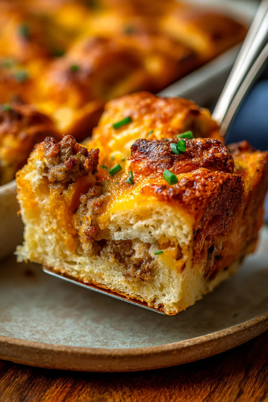 Crescent Roll Breakfast Casserole with Sausage and Cheese-flaky-texture-closeup
