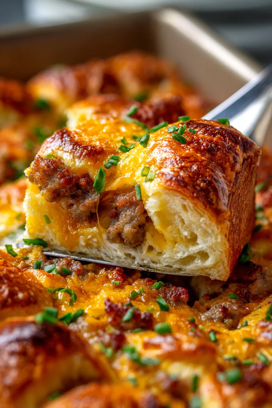 Crescent Roll Breakfast Casserole with Sausage and Cheese-sliced-serving-warm
