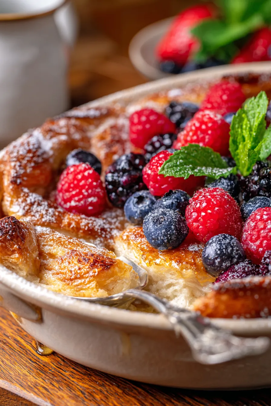 Fluffy Croissant Bake, sliced, custardy texture, close-up