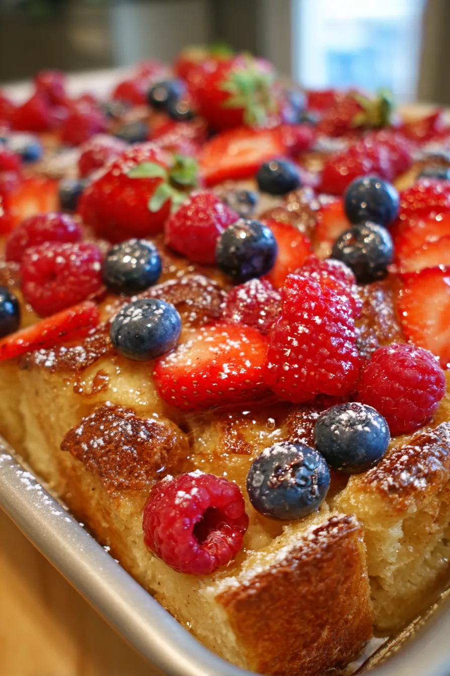 French Toast Casserole with berries texture close-up