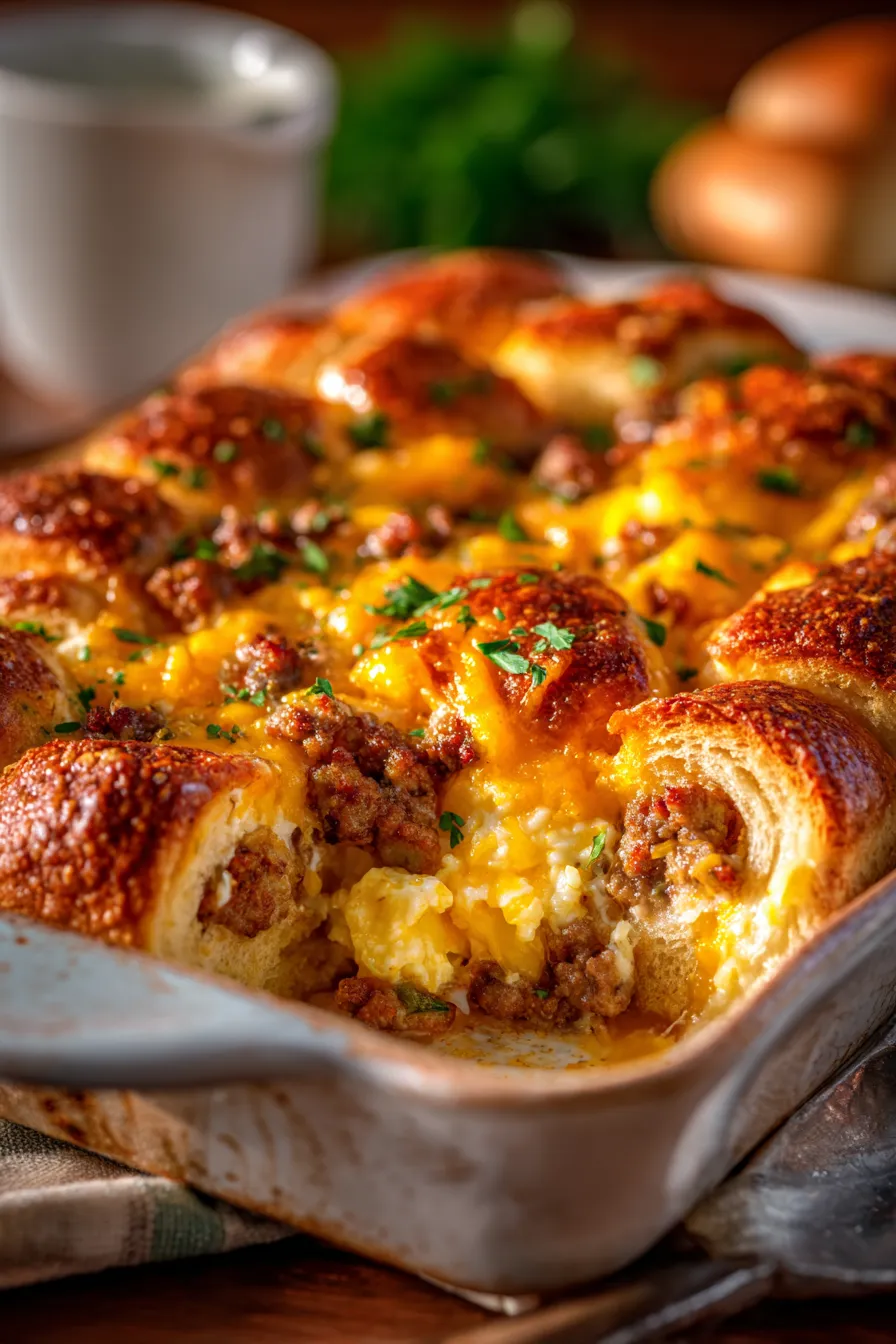 Make-Ahead Crescent Roll Breakfast Casserole-golden-brown-crust