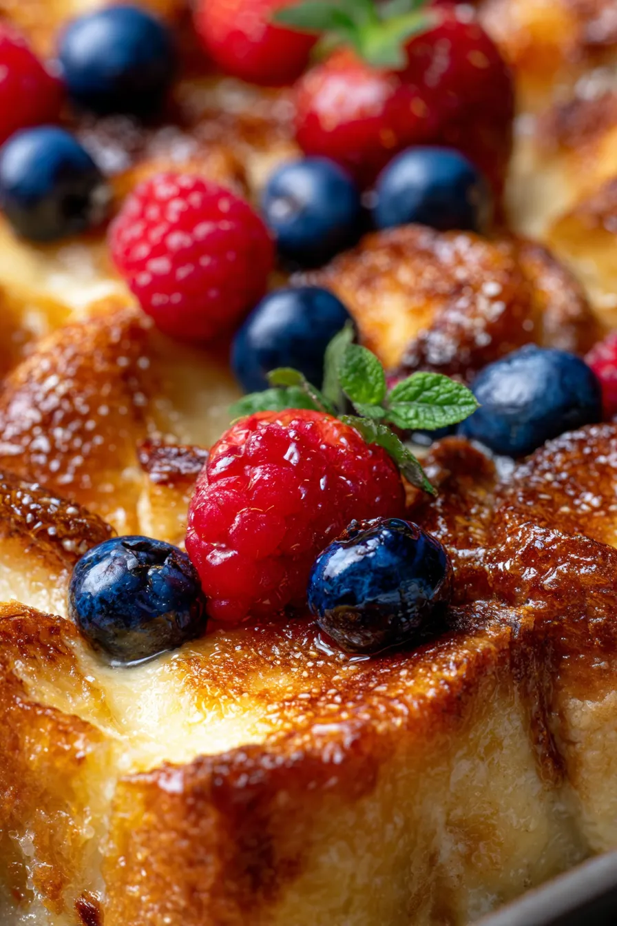 Overnight Croissant French Toast Bake-sliced-serving-berries