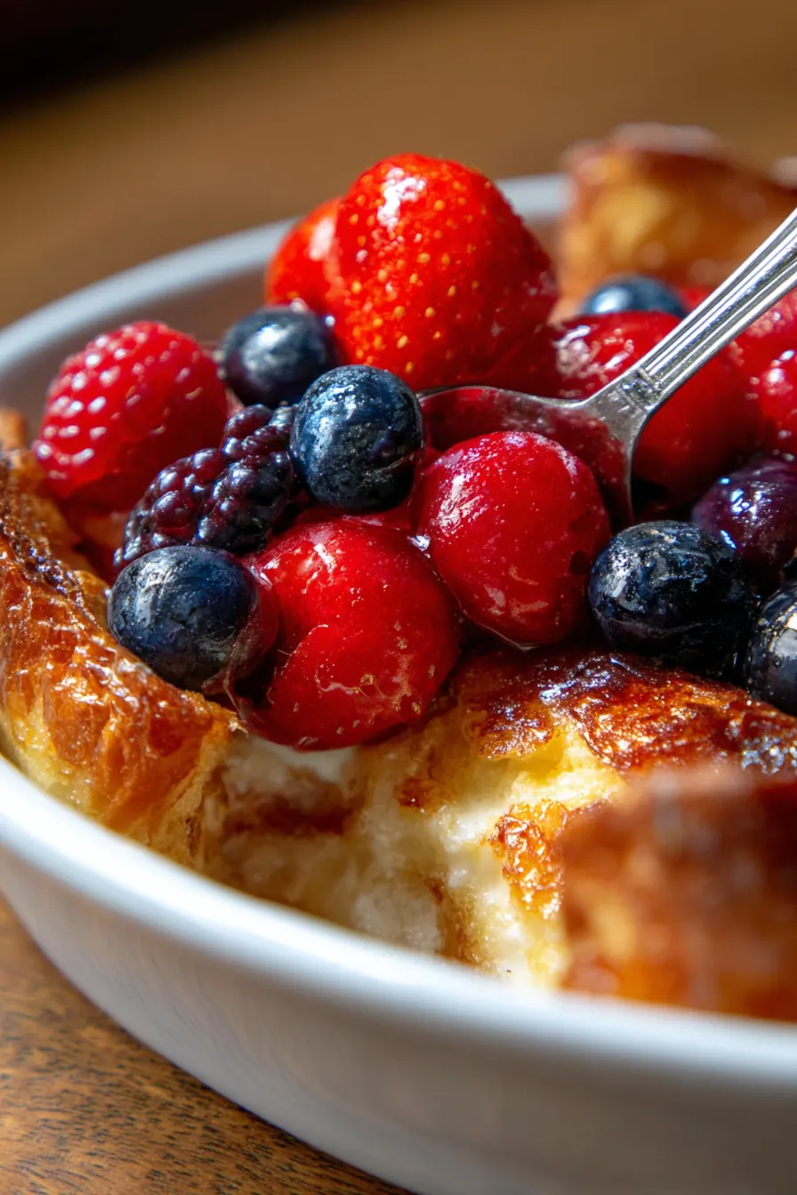 Overnight Croissant French Toast Bake-syrup-drizzle-overhead