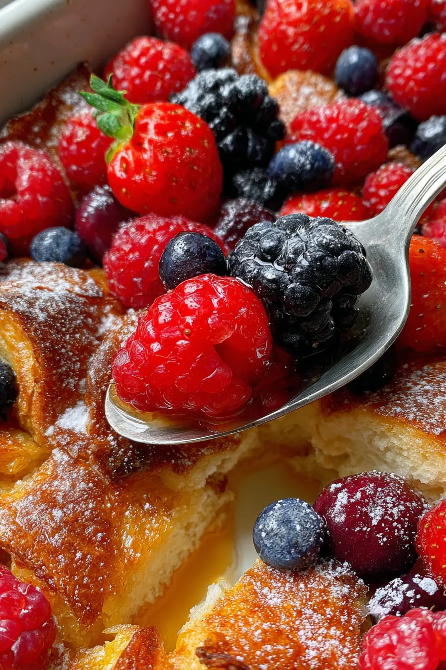 Sweet Brunch Casserole, berries, maple syrup drizzle, vibrant