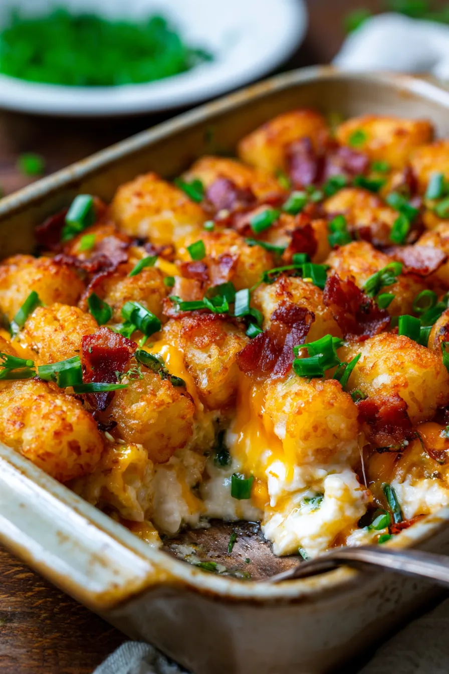 Tater Tot Breakfast Casserole with Bacon-serving-slice-fluffy-eggs