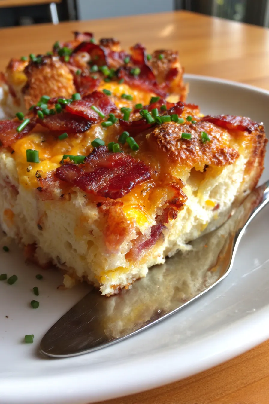 Bacon and Cheese Brunch Strata-slice-closeup