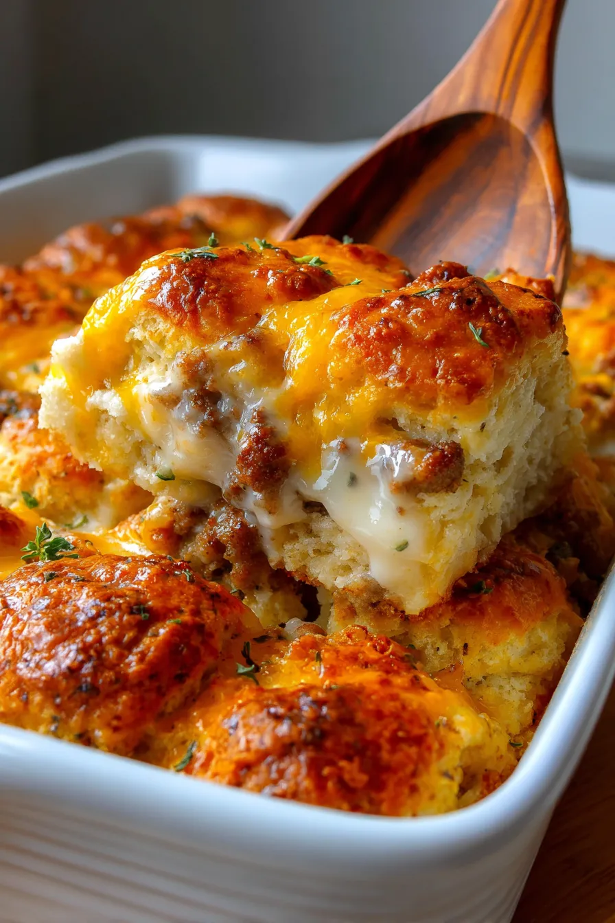 Biscuit and Gravy Breakfast Casserole-overhead-serving-dish