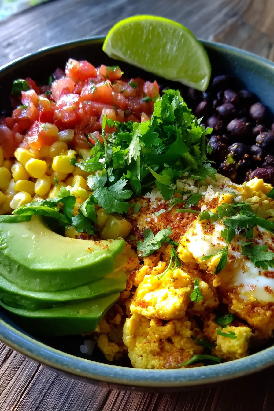 Breakfast Burrito Bowls-scrambled eggs-avocado-closeup
