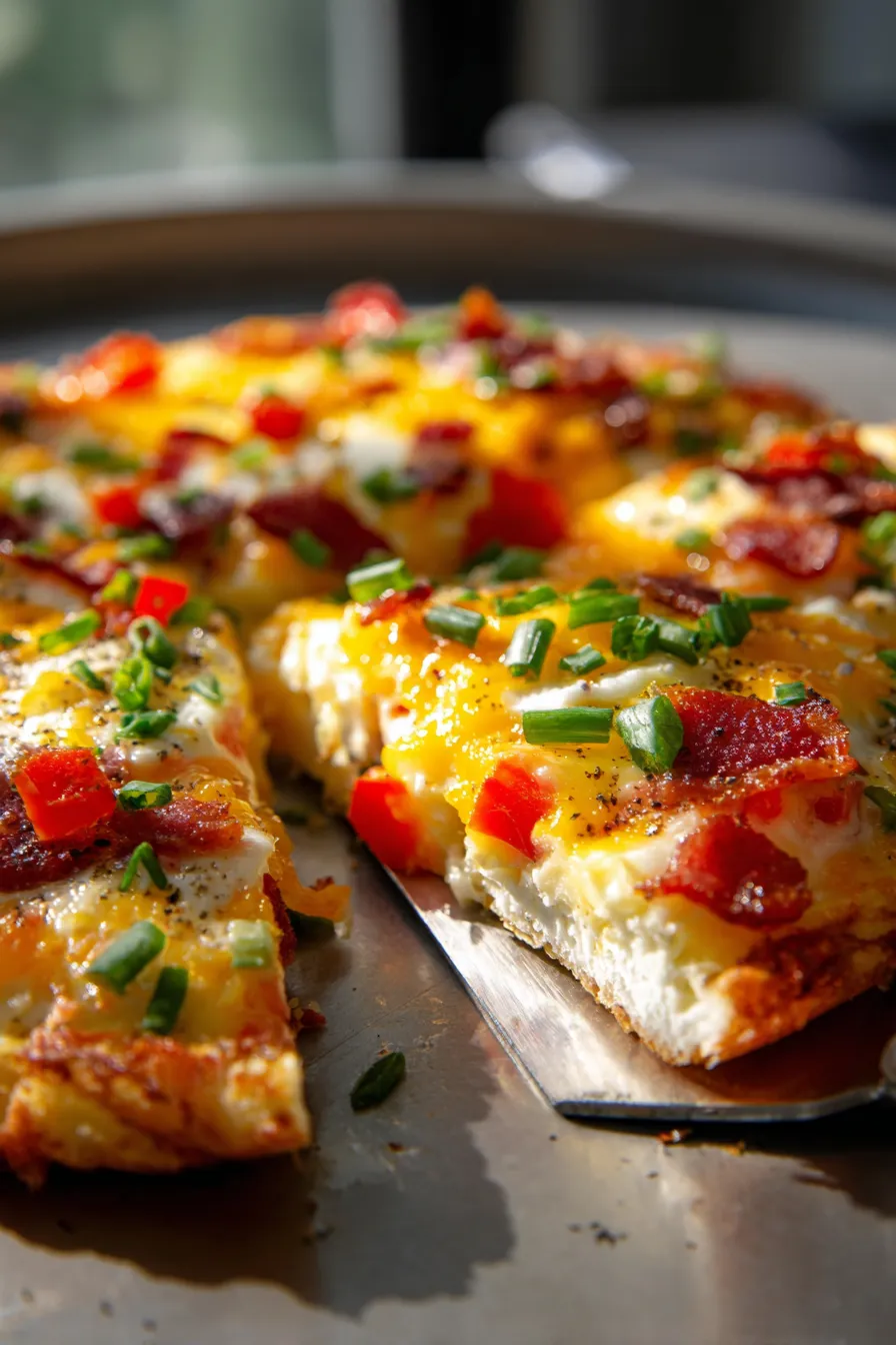 Breakfast Pizza - cheesy egg filling - texture shot