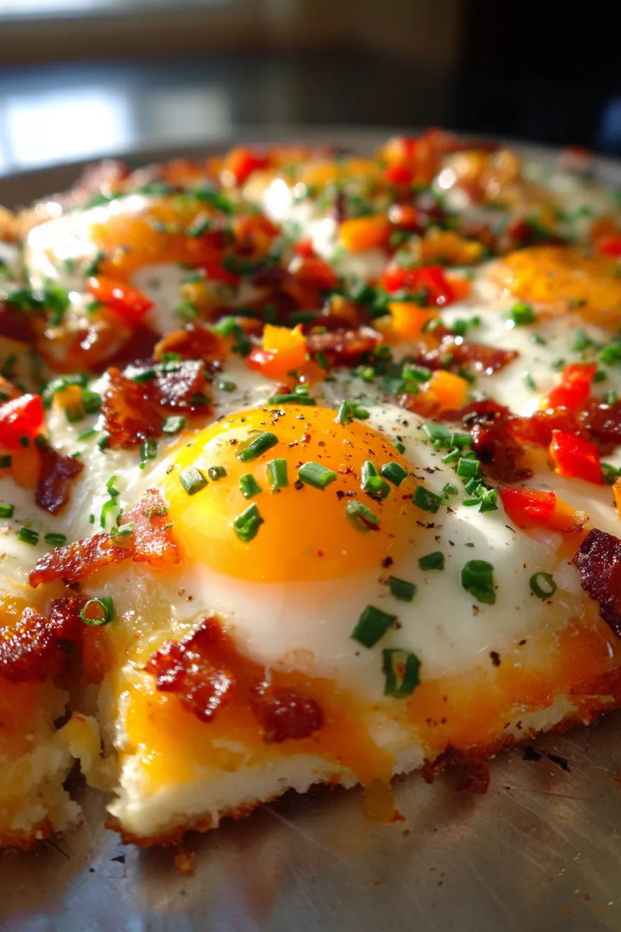 Breakfast Pizza - crispy hash brown crust - close-up slice