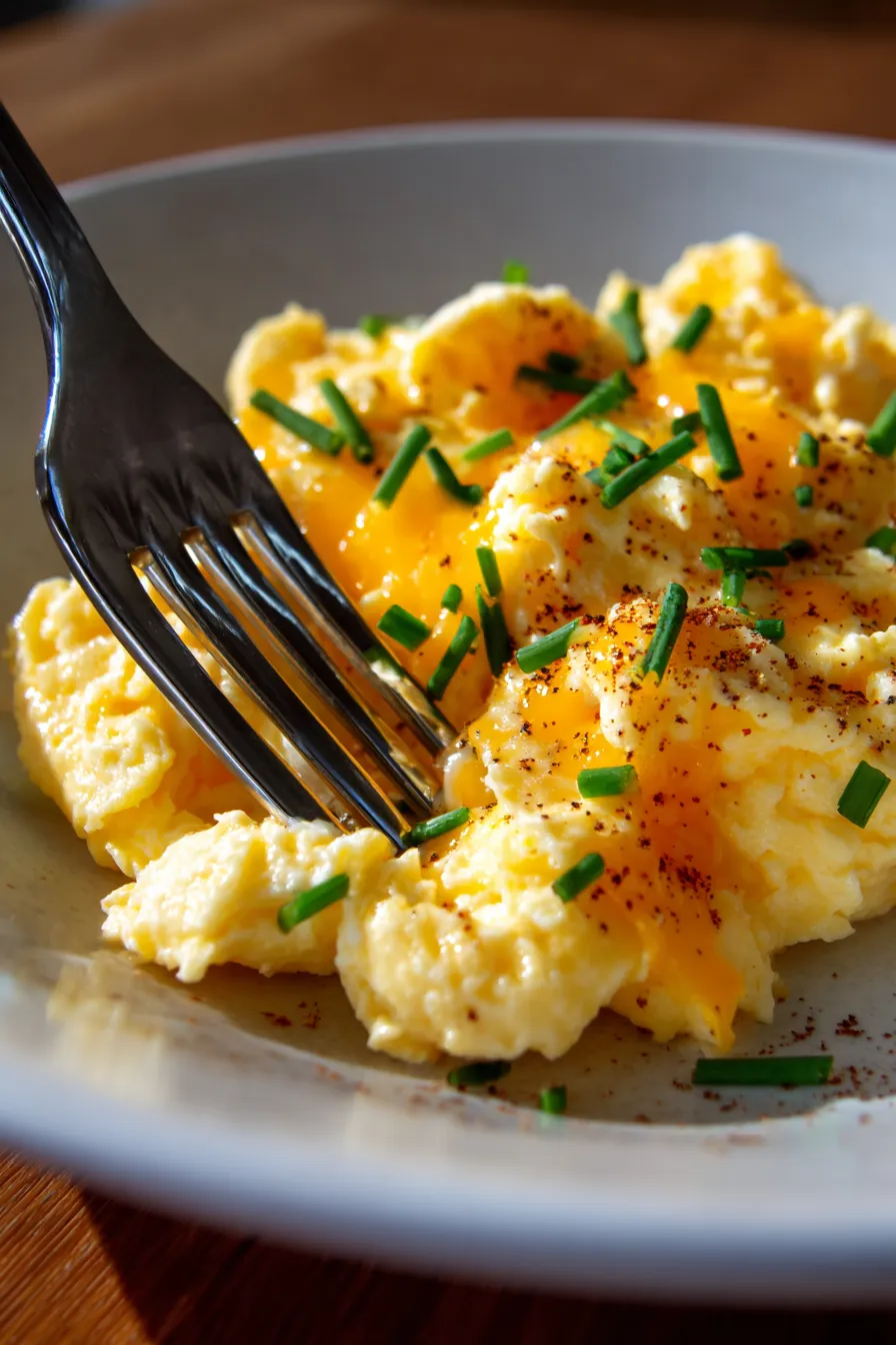 Classic Scrambled Eggs with Cheese for Family Breakfast - fluffy creamy - detailed macro