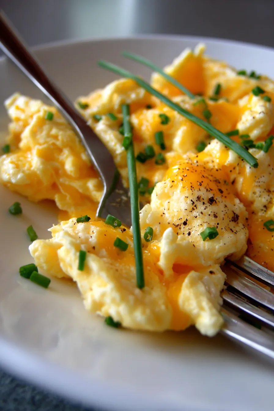 Classic Scrambled Eggs with Cheese for Family Breakfast - fresh ingredients - overhead