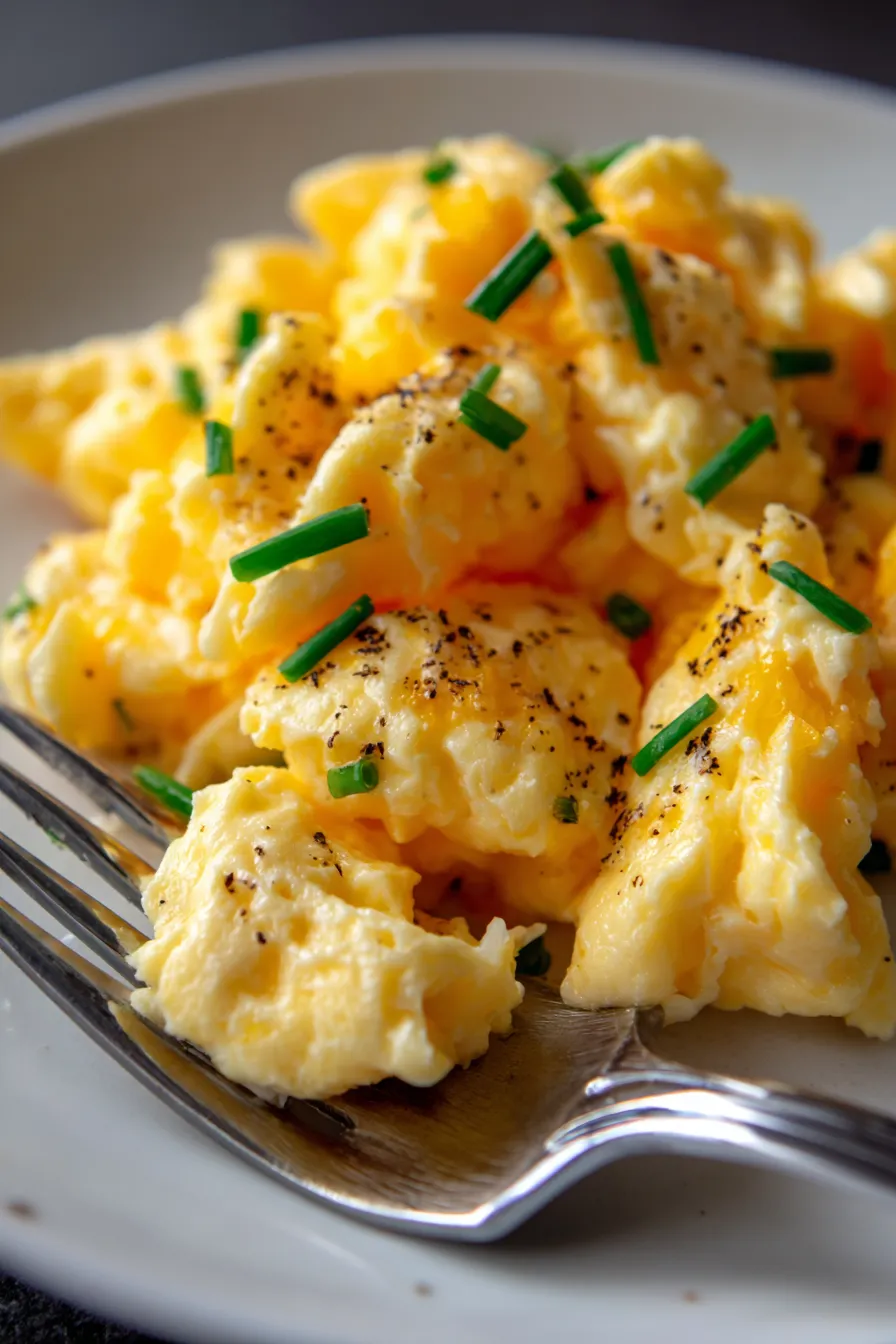 Classic Scrambled Eggs with Cheese for Family Breakfast - serving on plate - soft lighting