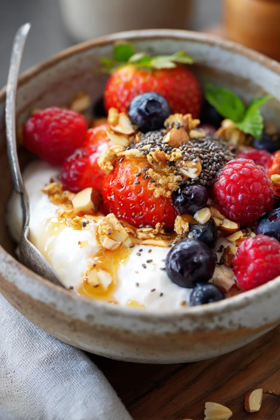 Cottage cheese bowl with granola and honey close-up