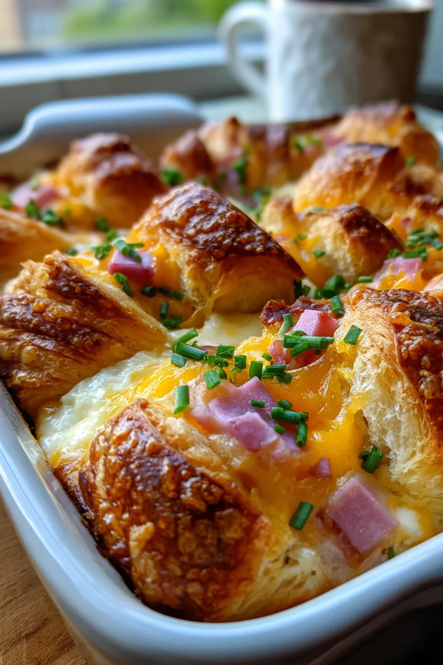 Croissant Breakfast Casserole-sliced serving-fluffy interior