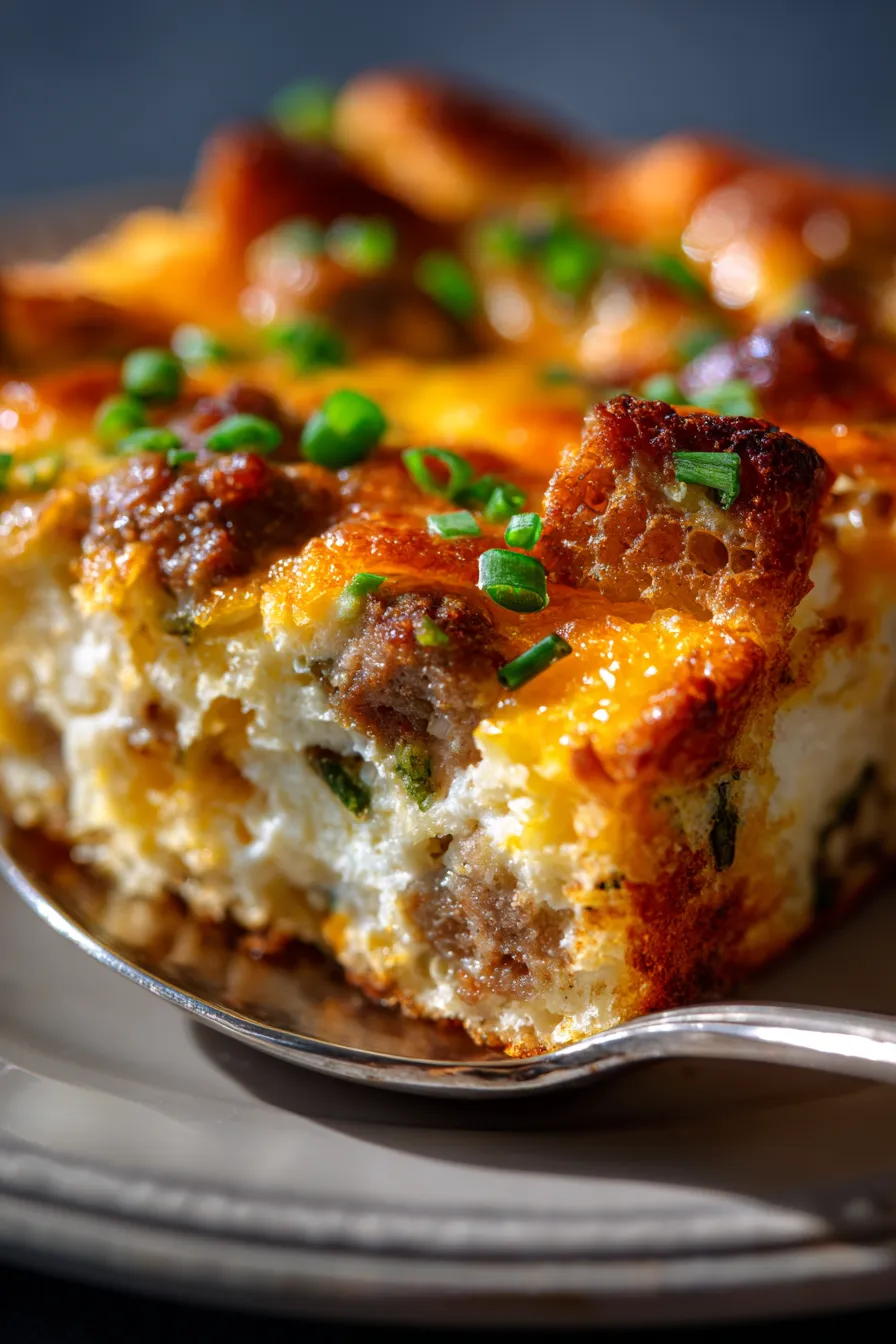 Family-Favorite Breakfast Casserole with Eggs and Cheese-golden brown-close up