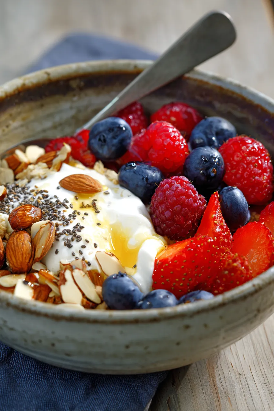 Fresh cottage cheese breakfast ingredients arranged