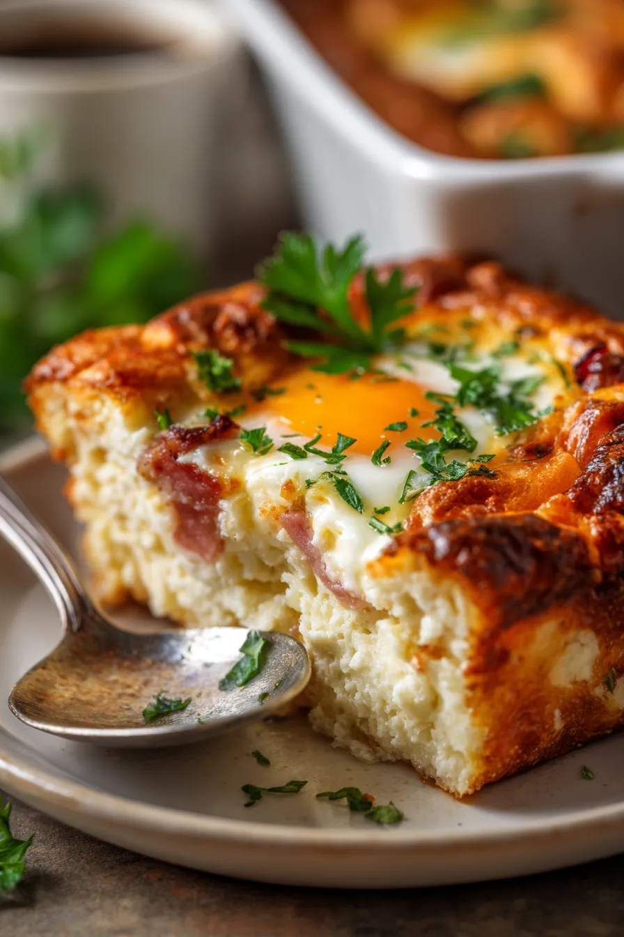 Ham Egg and Cheese Breakfast Casserole-sliced-serving