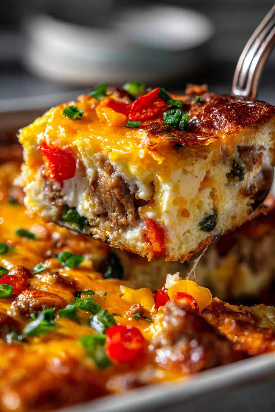 Make-Ahead Breakfast Burrito Casserole-overhead-serving-scoop