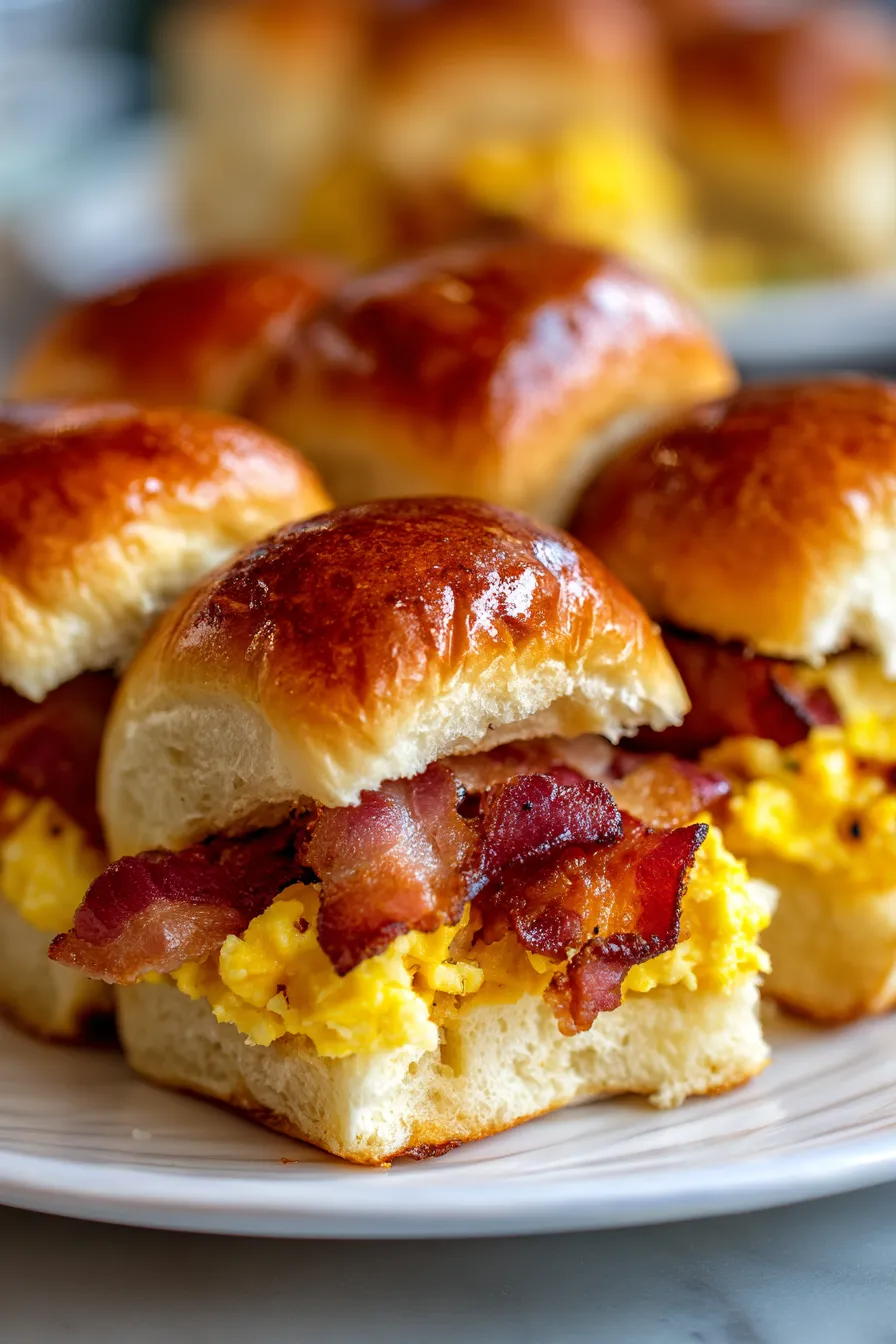 Make-Ahead Breakfast Sliders with Bacon and Eggs-bacon-eggs-cheese-buns-closeup