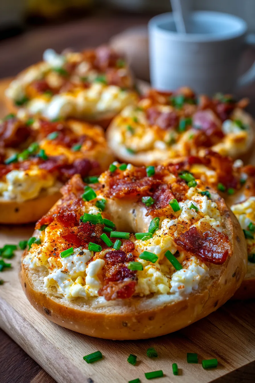 Quick Breakfast Pizza Bagels-golden-crispy-closeup