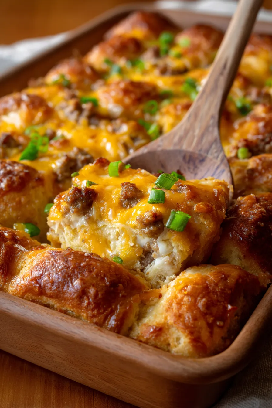 Sausage Crescent Roll Breakfast Casserole-slice-cheesy-texture