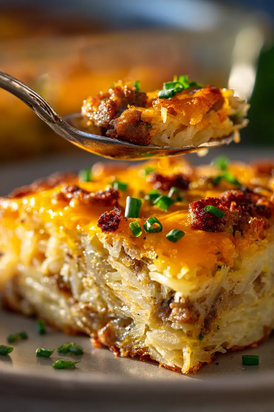 Sausage Hash Brown Breakfast Casserole (Make Ahead)-serving-slice