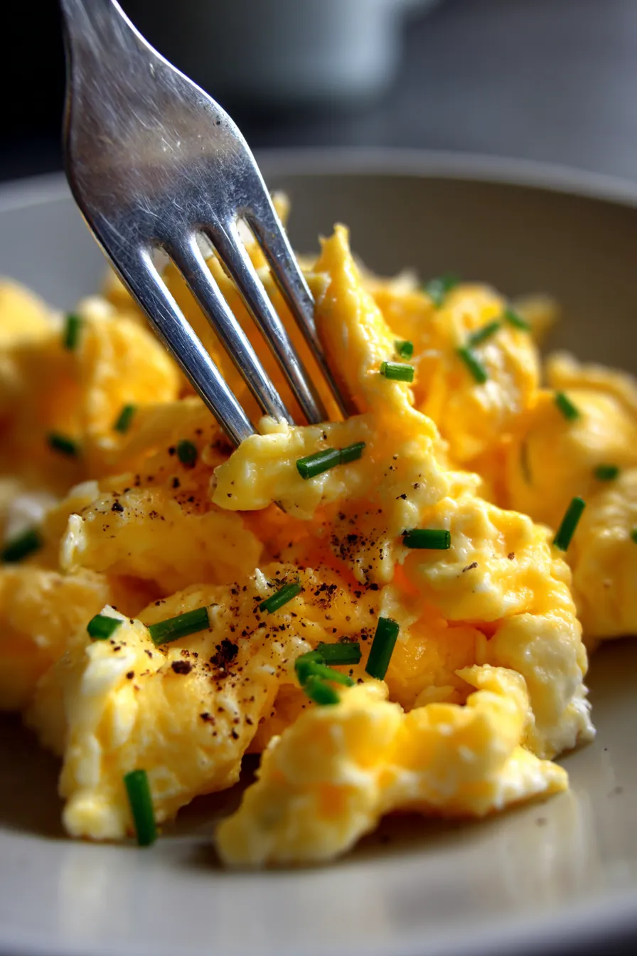 Simple Brunch Scrambled Eggs with Cheese-close-up-cheesy-golden