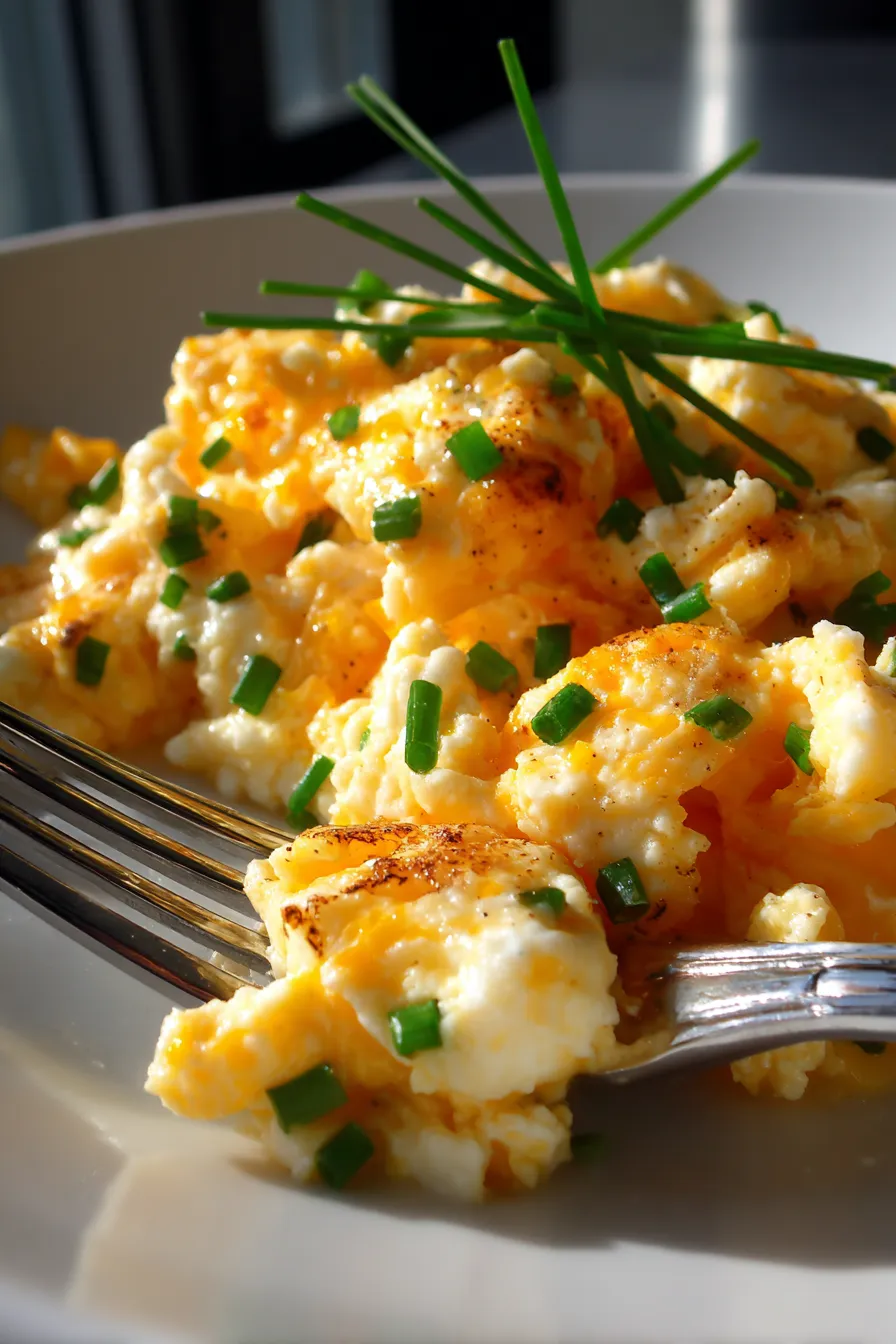 Simple Brunch Scrambled Eggs with Cheese-plated-garnish-fresh-herbs