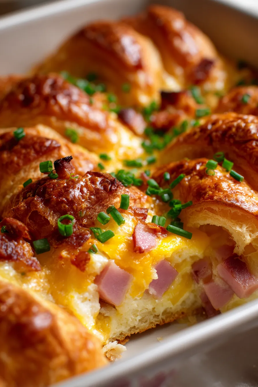 Sweet and Savory Croissant Casserole-overhead shot-rustic table