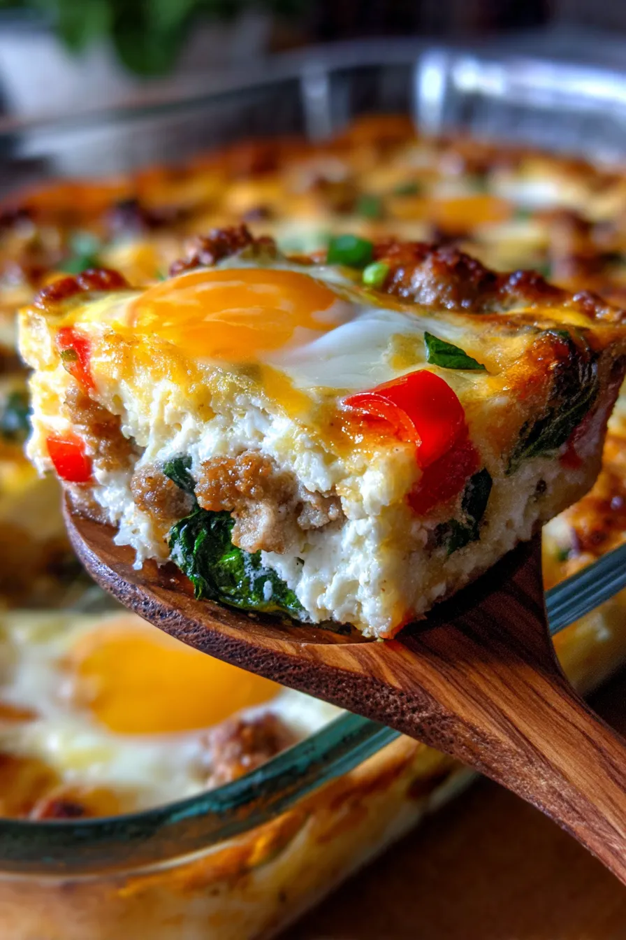 10-Minute Protein Packed Egg Bake Breakfast Casserole-slice-close up-texture