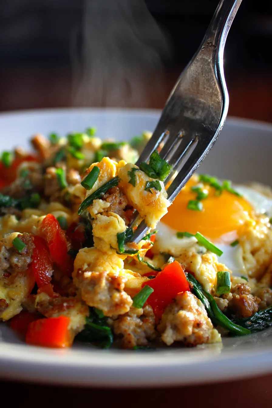 10-Minute Turkey Sausage Scramble | High Protein Breakfast - plated - close-up