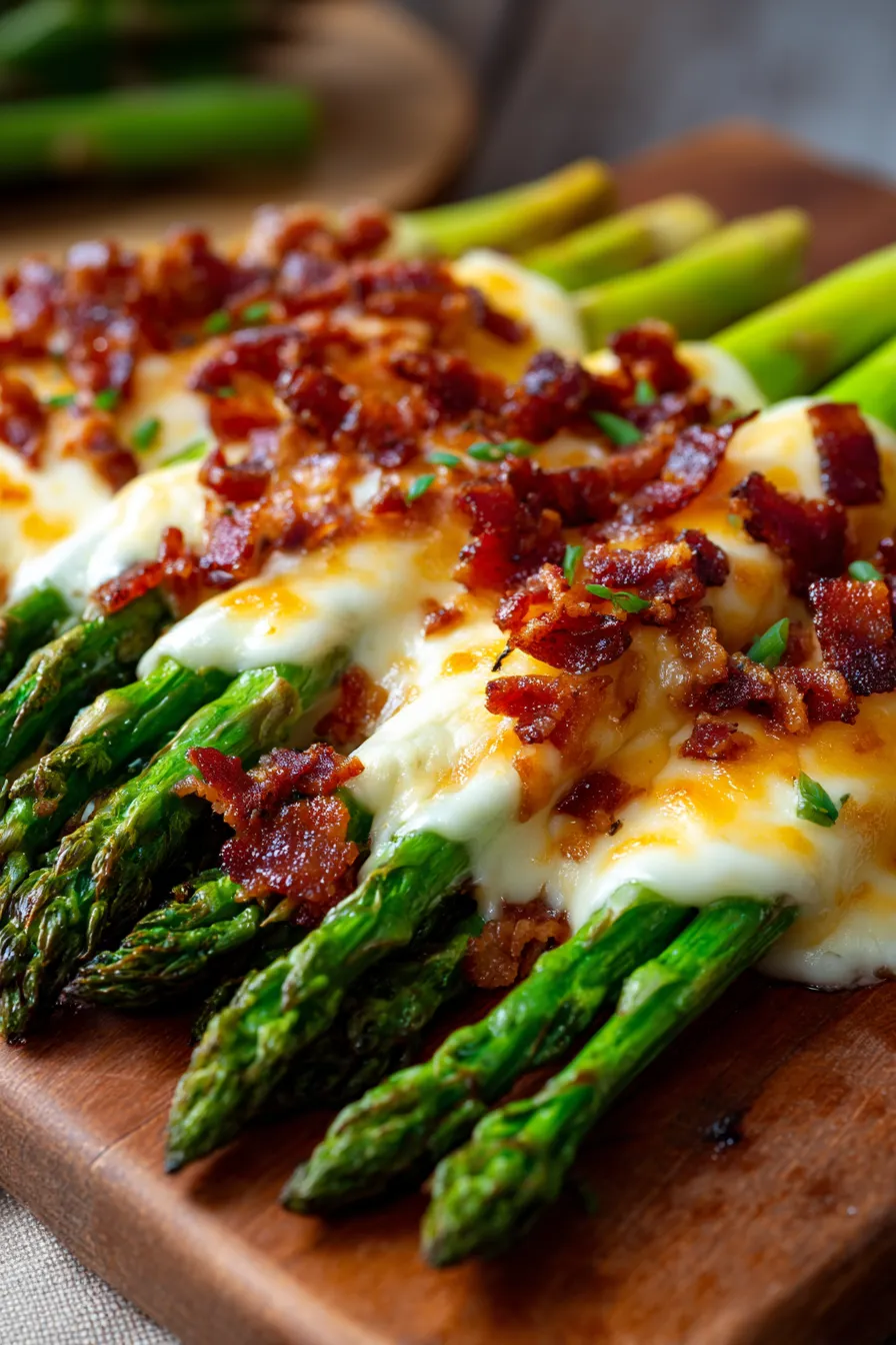 Baked Asparagus bacon cheese closeup texture