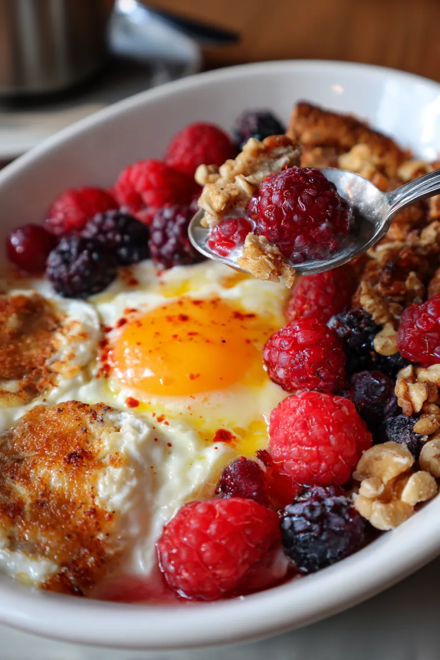Breakfast spread-yogurt bowl-casserole-overhead shot