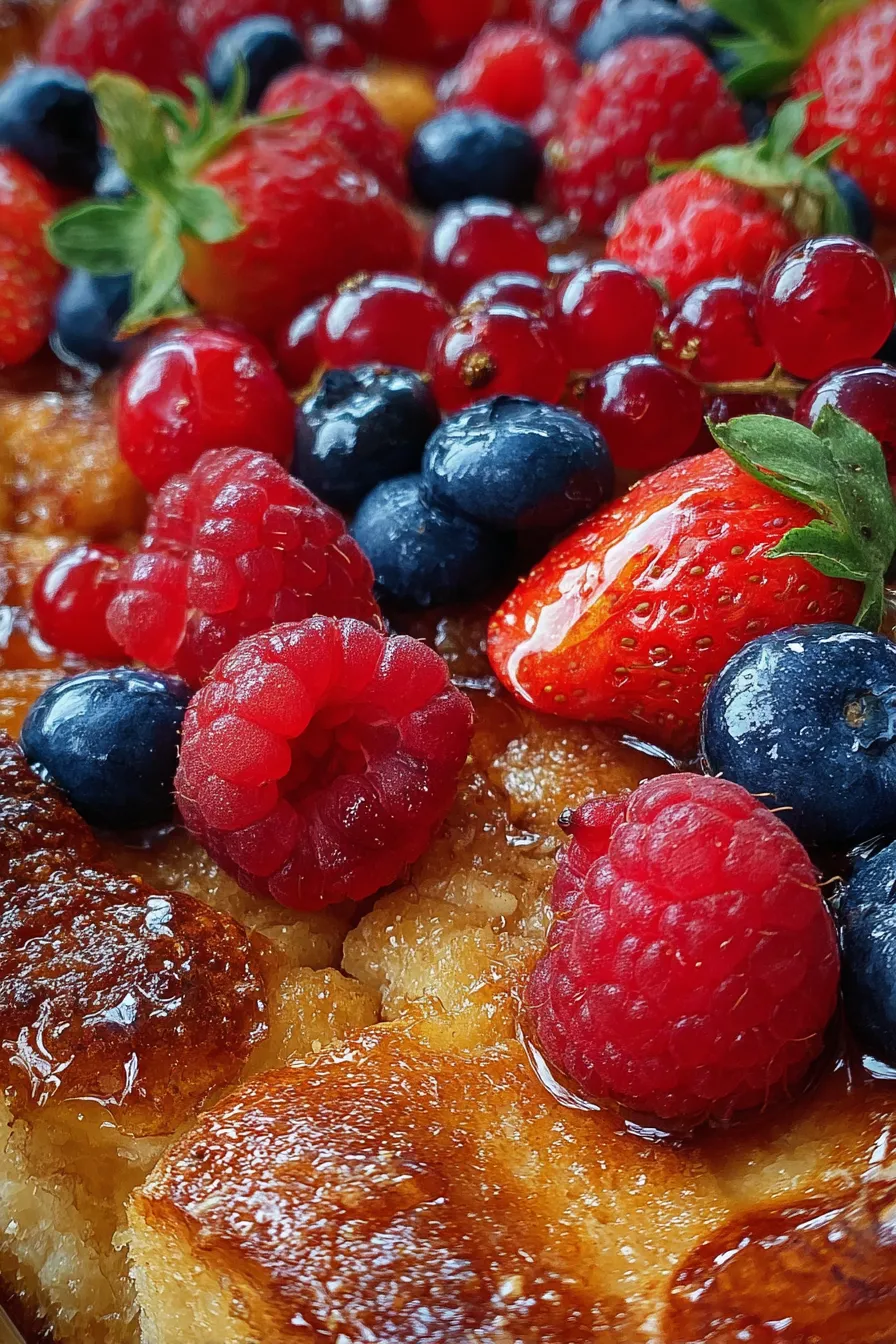 Brioche French Toast Casserole-berries-syrup-overhead