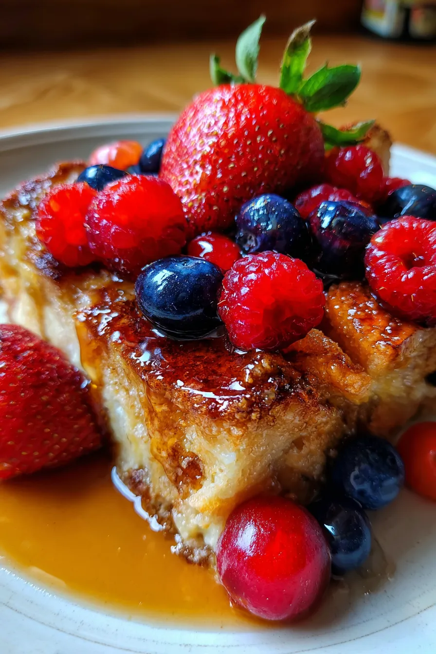 Brioche French Toast Casserole-slice-close-up-custard