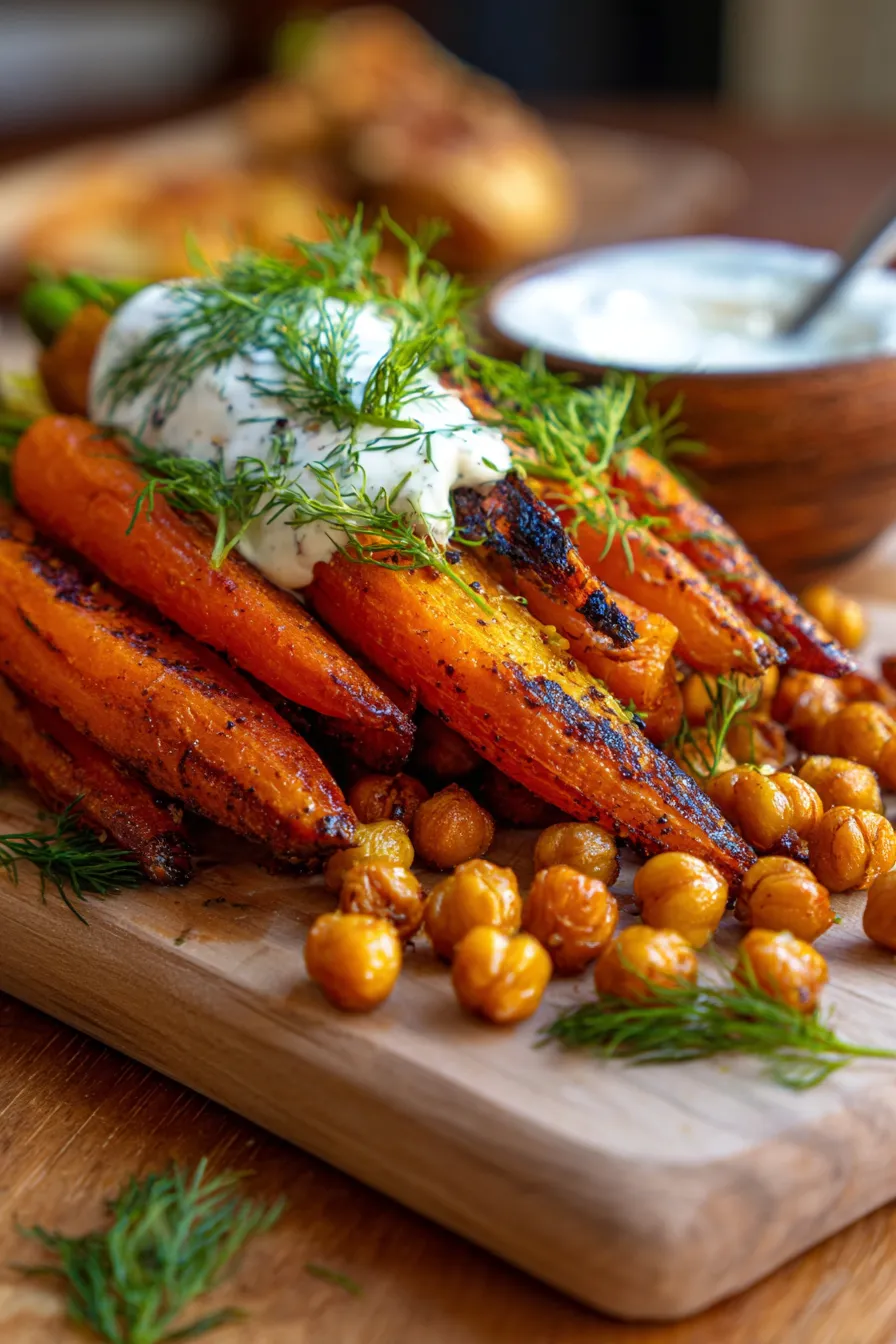caramelized carrots-crispy chickpeas-dill yogurt-closeup