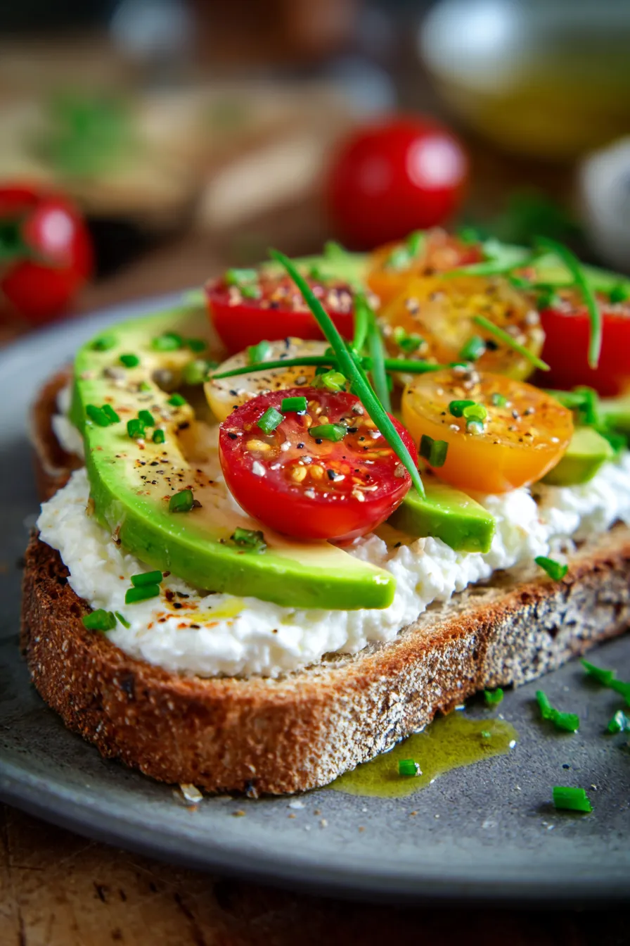 Cottage cheese toast - creamy texture - closeup with fresh toppings