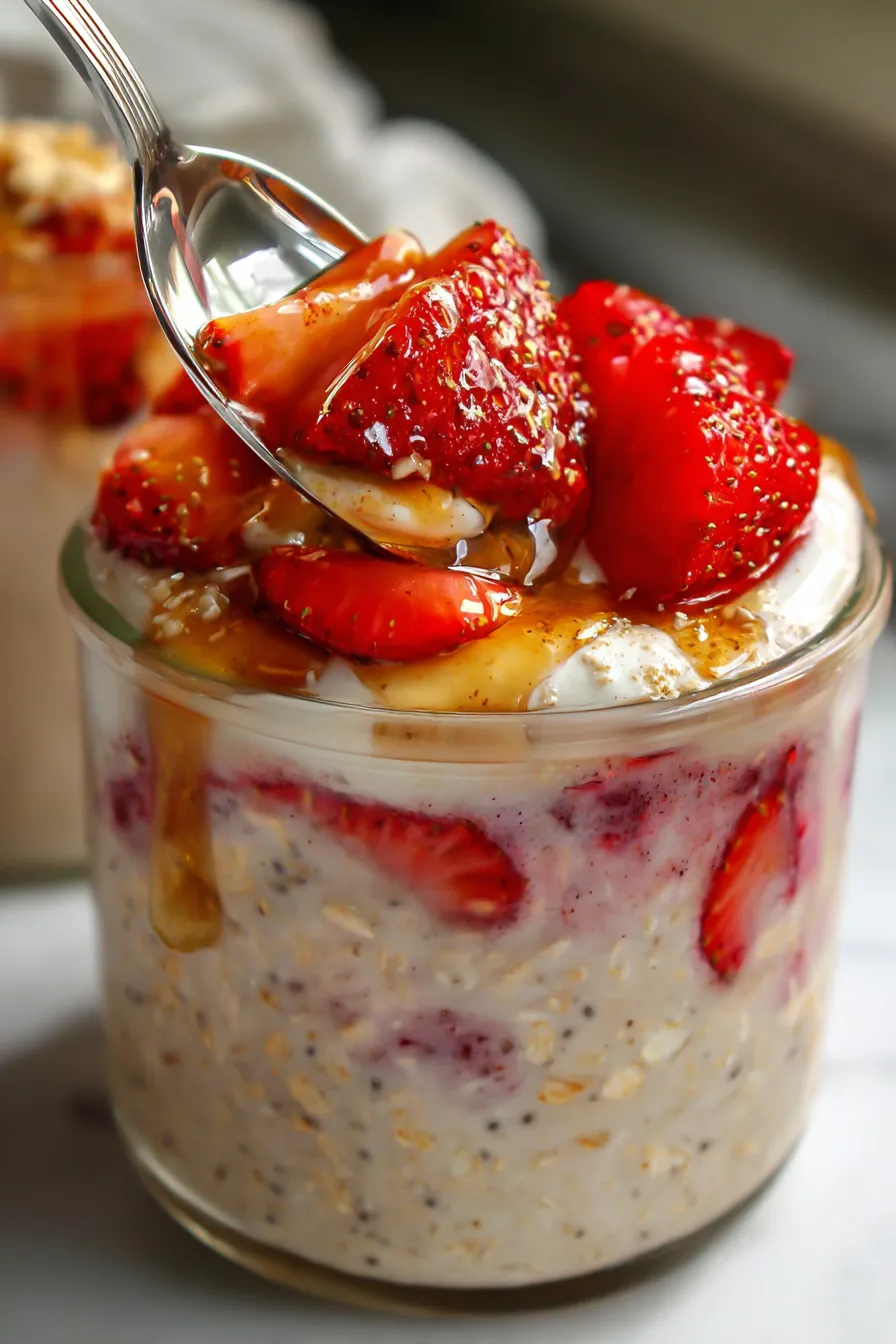 Delicious Strawberry Overnight Oats - meal prep in jars on counter