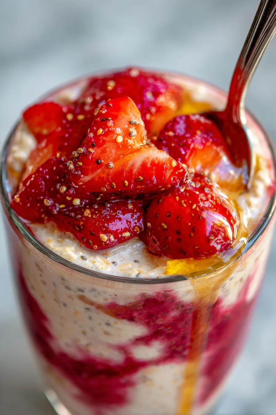 Delicious Strawberry Overnight Oats - texture closeup with fresh fruit
