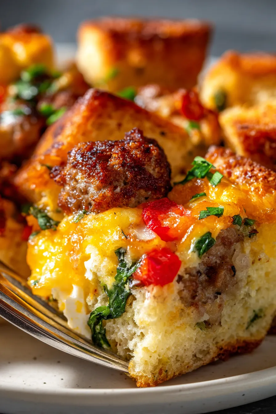 Easy Breakfast Casserole for a Crowd - cheesy texture - closeup