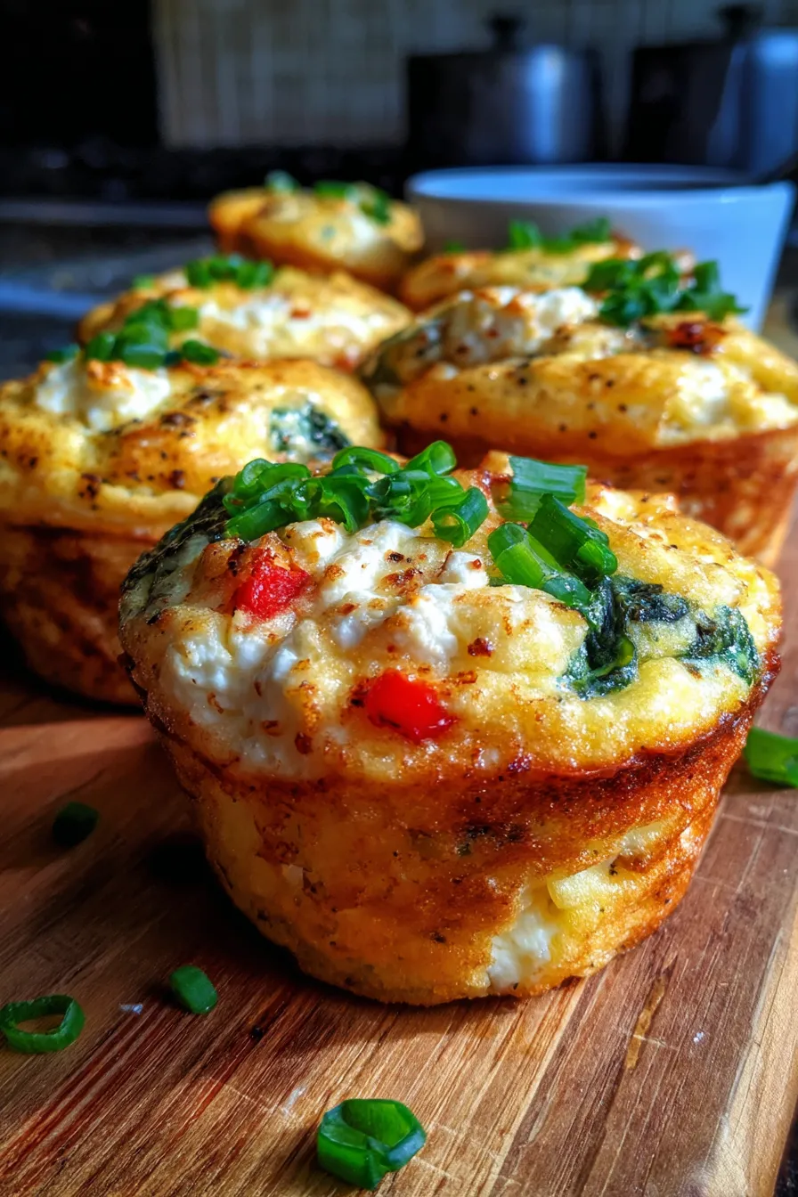 Egg Muffins on a plate with fresh chives closeup soft lighting
