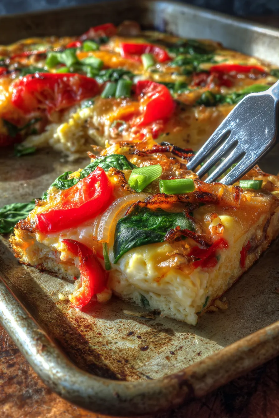 Golden baked sheet pan eggs and vegetables closeup