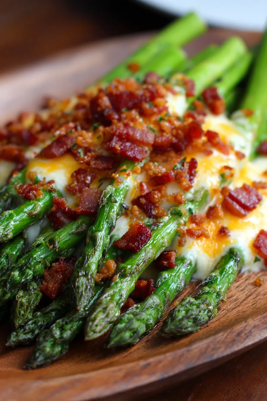 Golden brown cheesy asparagus side dish plated