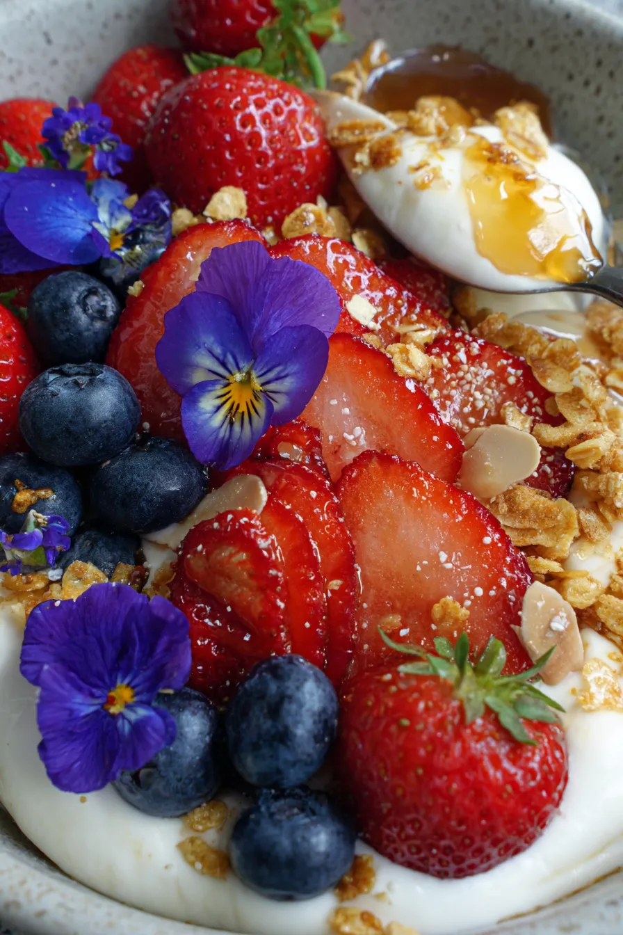 Greek yogurt bowl with berries and granola closeup
