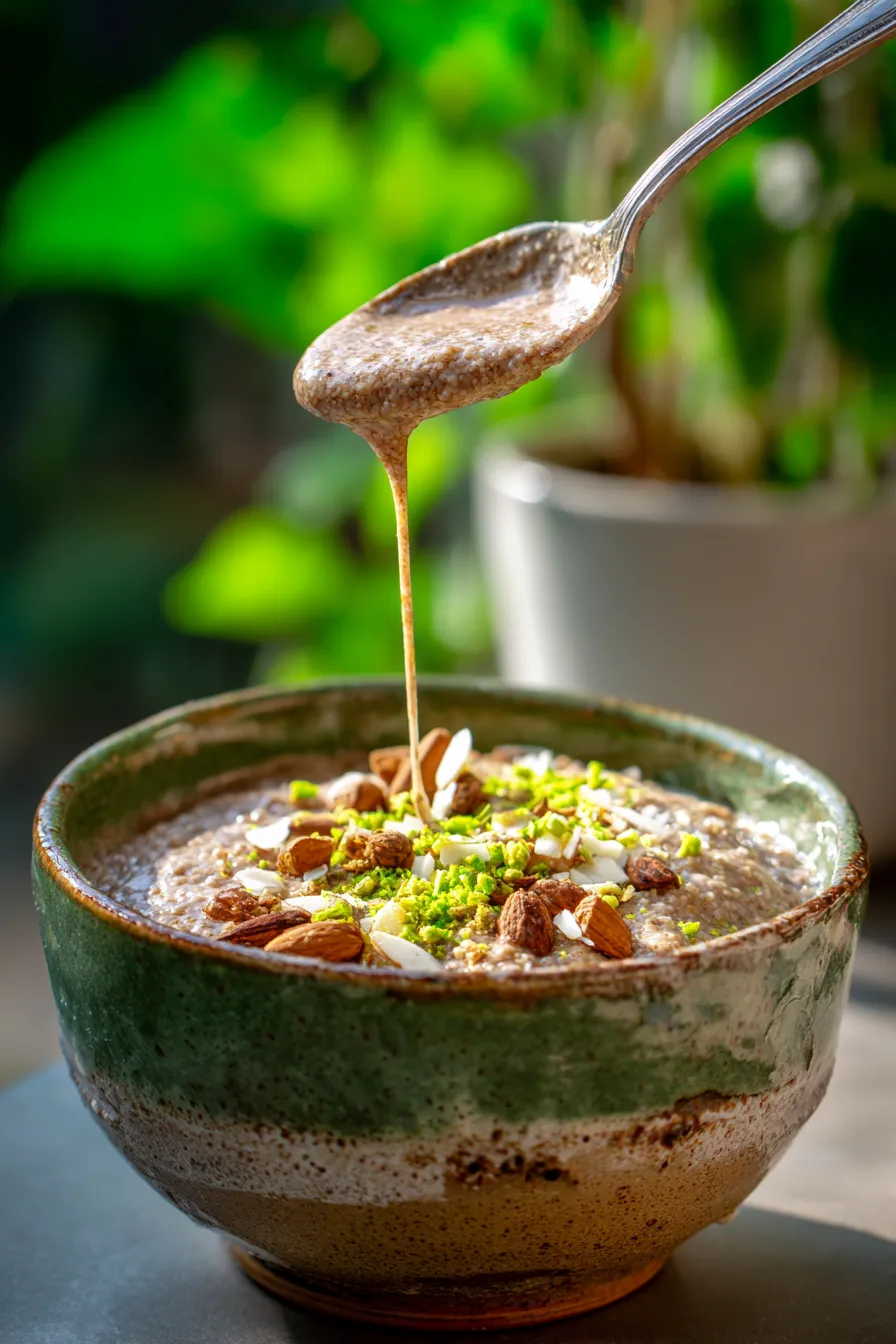 High Protein Breakfast - ragi porridge - close up with toppings
