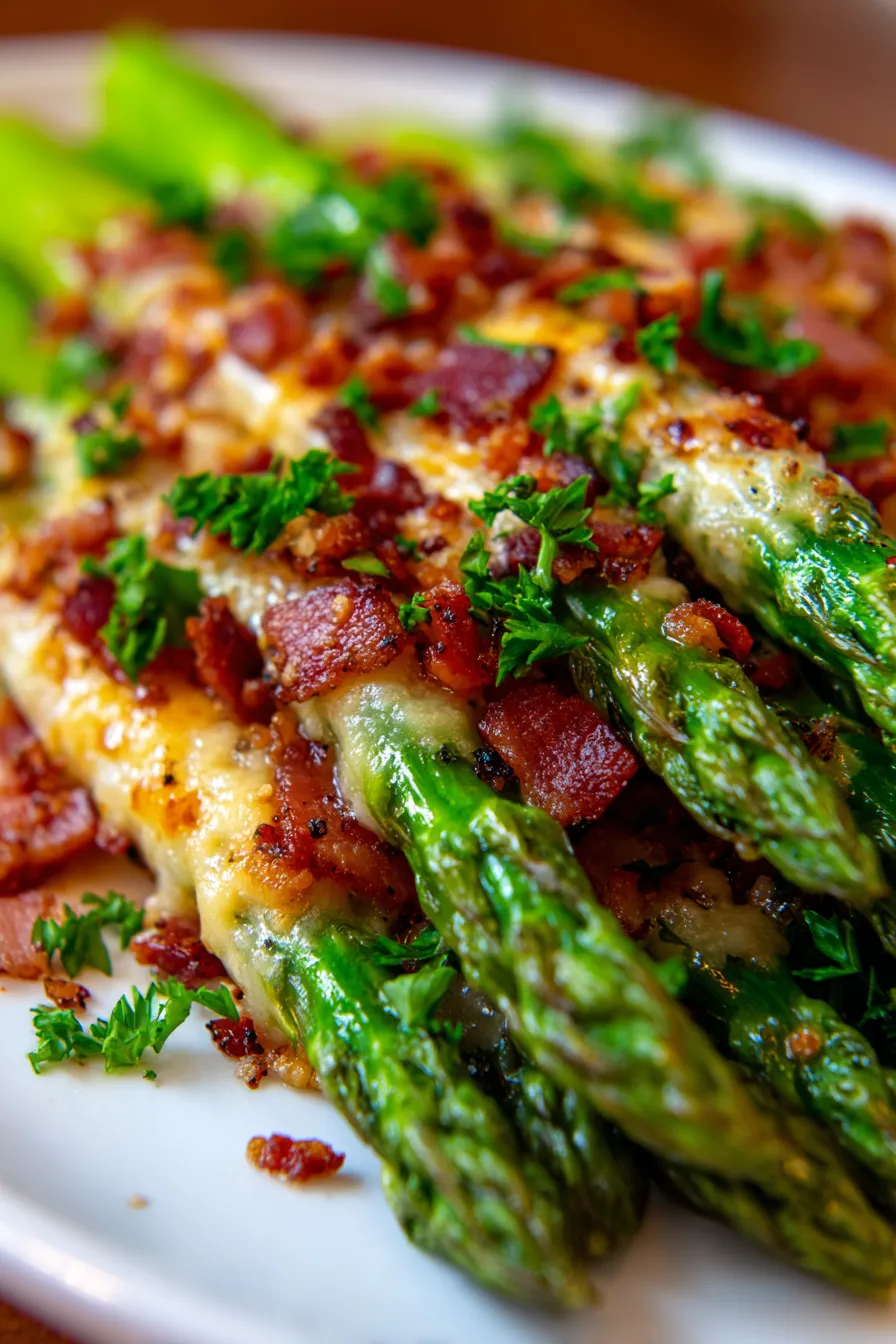 Holiday Side Dish: Cheesy Baked Asparagus with Bacon-close-up-texture