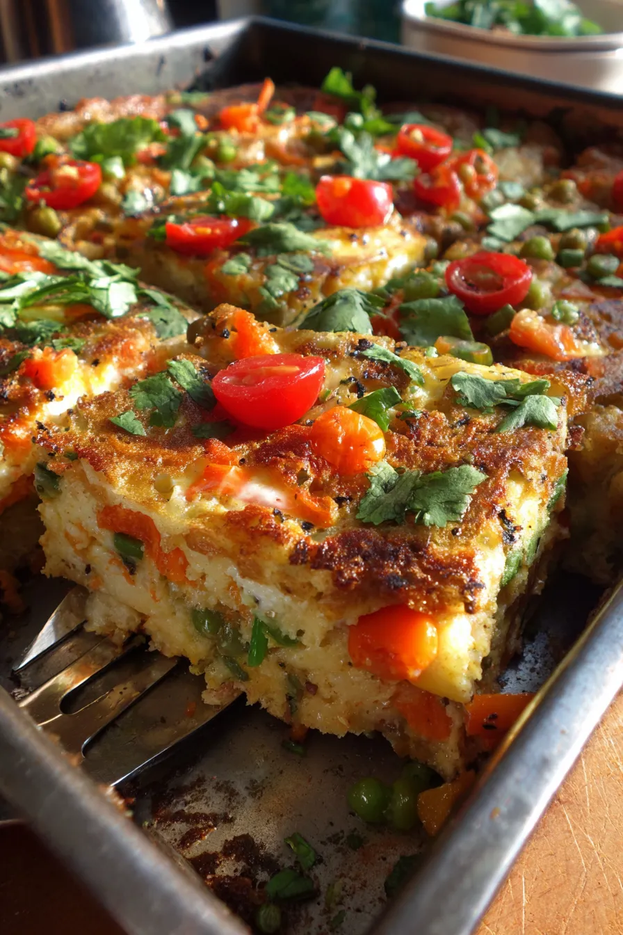 Indian Breakfast Casserole slice closeup texture