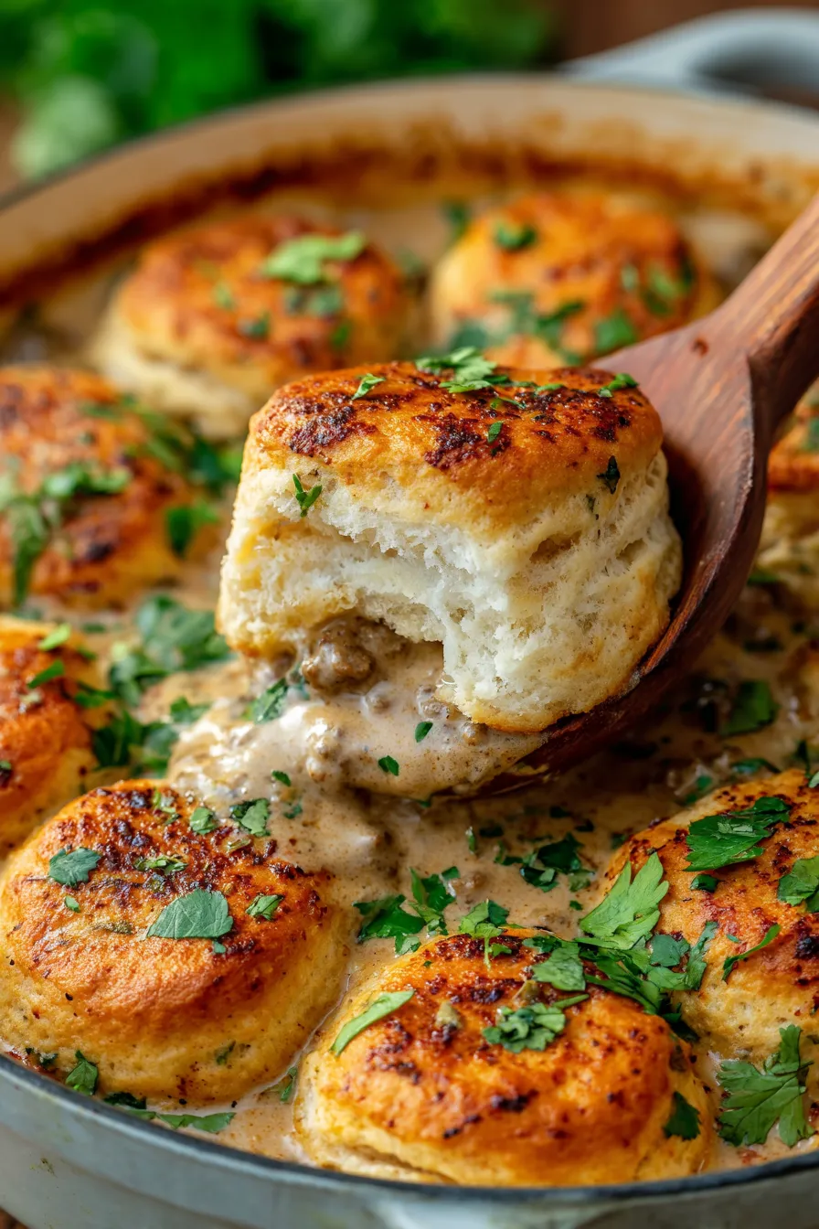 Lazy Biscuits & Gravy Casserole-creamy gravy-sausage bits